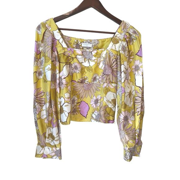 SANDRO NWT Ginger Blouse Yellow Green Size 0 Floral Print Silk Twill Square Neck - Picture 2 of 14
